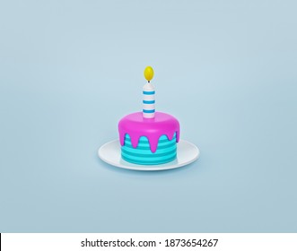 cartoon style Birthday cake with one candle isolated on pastel blue background. minimal poster design. 3d rendering