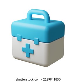 Cartoon style blue medical bag icon on white background, first aid kit, 3D render illustration