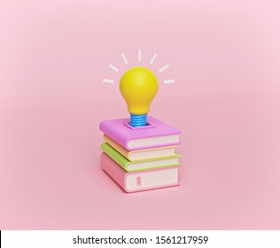 cartoon style books and light bulb isolated on pastel background. education, Knowledge creates ideas conceptual design. 3d rendering