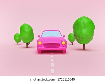 Cartoon Style Car With Trees On Pastel Pink Background. Travel Concept. Minimal Design. 3d Rendering