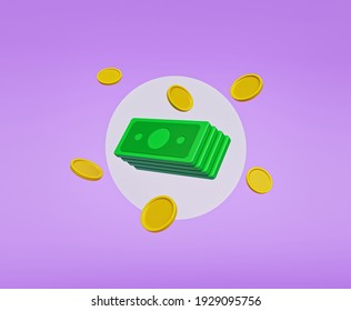 Cartoon Style Cash And Floating Coins. Minimal Money Sign. 3d Rendering