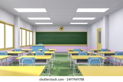 Cartoon Style Classroom Interior Concept With Colorful School Desks And Chair ,empty Blackboard,door And Window-3d Render