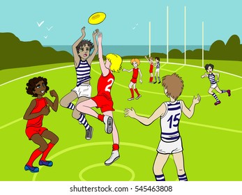 Cartoon Style Drawn Lllustration Of Sporty Kids Playing Australian Rules Football. Junior Team. Aussie Rules, Footy