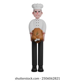 Cartoon Style Gourmet Chef. A chef is holding a roasted chicken garnished with herbs on top. 3D Male - Powered by Shutterstock