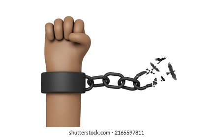 Cartoon style hand breaking free from chains. Chain turns to birds. 3D Rendering