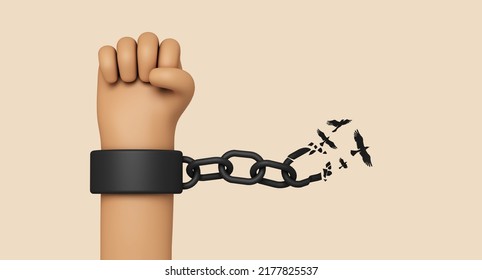 Cartoon Style Hand Breaking Free From Chains. Chain Turns To Birds. 3D Rendering