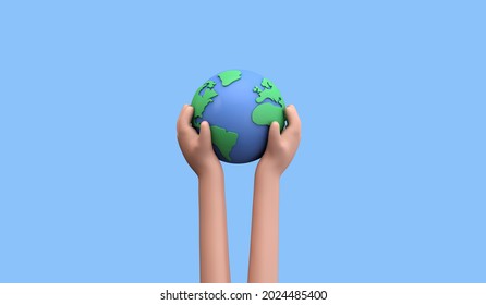 Cartoon style hand holding a planet earth. Earth day concept. 3D Render