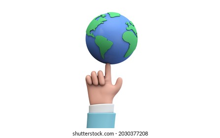 Cartoon style hand holding a planet earth. Earth day concept. 3D Render