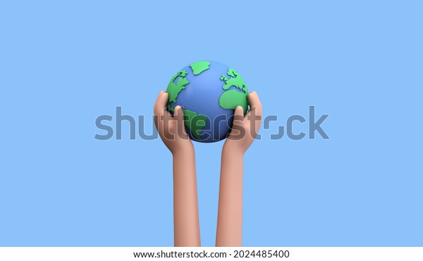 Cartoon style hand holding a planet earth. Earth\
day concept. 3D\
Render