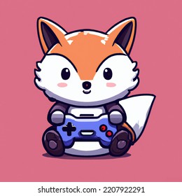 Cartoon Style Illustration Of A Cute Fox Holding Video Game Controller