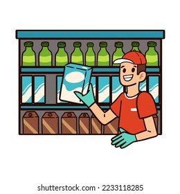 Cartoon style illustration of retail employee restocking a shelf. - Powered by Shutterstock