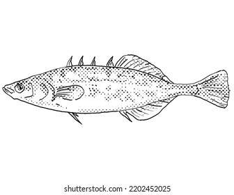 Cartoon Style Line Drawing Of A Brook Stickleback Or Culaea Inconstans  Freshwater Fish Found In North America With Halftone Dots On Isolated Background In Black And White.