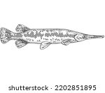 Cartoon style line drawing of a longnose gar Lepisosteus osseus, longnose garpike or billy gar a freshwater fish endemic to North America with halftone dots on isolated background in black and white.