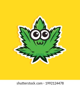 Cartoon Style. Medical Cbd Oil And Hemp Ointment Sticker. Illustration. Cute Cannabis Leaf On Yellow Background.