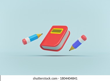 cartoon style minimal cute book and pencils isolated on pastel blue background. 3d rendering