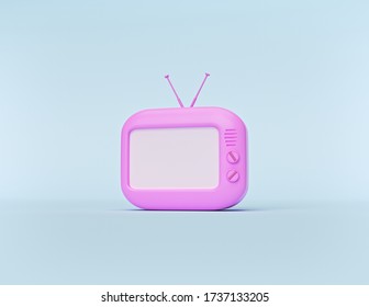 Cartoon Style Minimal Retro TV Isolated On Pastel Blue Background. 3d Rendering