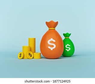 cartoon style money bag and stack of coins isolated. money savings concept. minimal design. 3d rendering