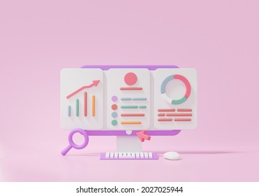 Cartoon style Search Engine Optimization or SEO online marketing concept. grap chart report analytics click search via keyword information computer,software, 3D render. illustration