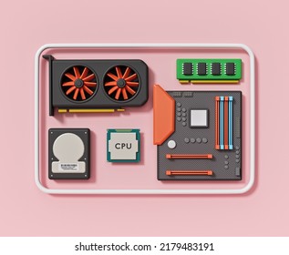 cartoon style simple computer components set. computer hardware accessories parts. motherboard, ram, cpu, graphics card and Hdd storage. 3d rendering