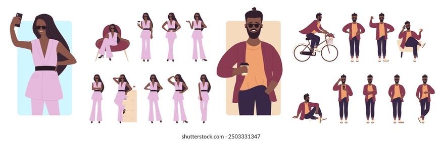 Cartoon stylish dark skin male female in fashionable clothes, sunglasses posing, lady walking, hipster riding bicycle with flowers in basket. Fashion people lifestyle poses set illustration - Powered by Shutterstock