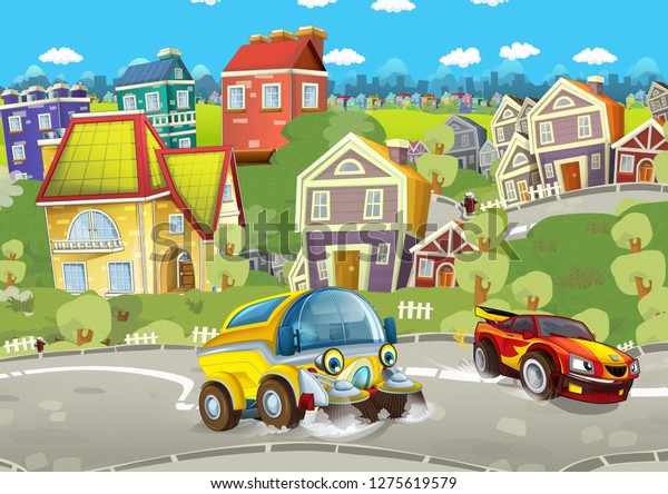 cartoon summer scene with cleaning cistern car\
driving through the city and sports car driving near - illustration\
for children