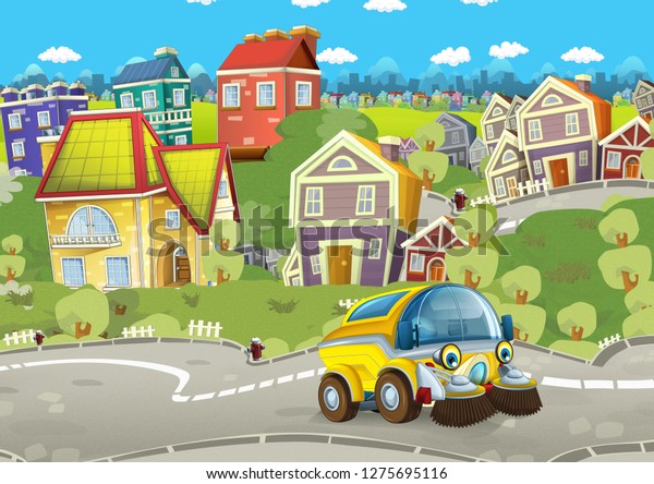 cartoon summer scene with\
cleaning cistern car driving through the city - illustration for\
children