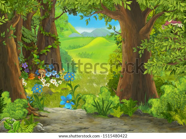 子ども向けの森のイラストに牧草を描いた漫画の夏のシーン のイラスト素材