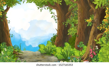 cartoon summer scene with path in the forest - nobody on scene - illustration for children