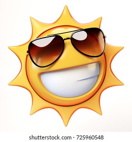 Cartoon Sun With Sunglasses Emoji Isolated On White Background, Sunshine Emoticon 3d Rendering