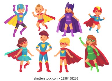 Cartoon superhero kids characters. Joyful kid wearing super hero costume with mask comic glasses and cloak for brave recreation. Children superheroes cute flying costumes colorful isolated  set - Powered by Shutterstock