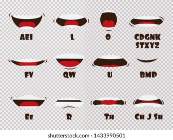 Cartoon Talking Mouth And Lips Expressions Animations Poses Isolated On Background. Mouth Talk, Animation Movement Practice, English Say Disassembled, Separated Letter Illustration