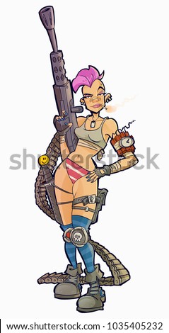 Cartoon Tank Girl Gun Bomb Style Stock Illustration 