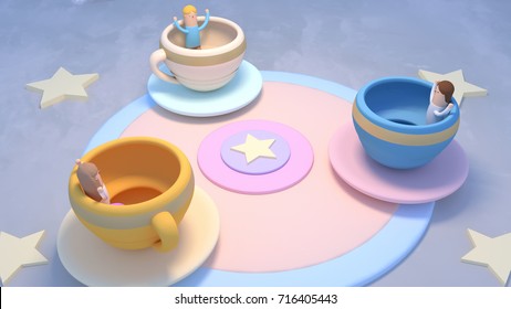 Cartoon Tea Cup Ride At Amusement Park. 3d Rendering Picture.