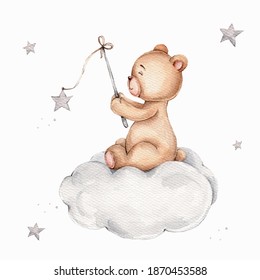 Cartoon teddy bear sitting on cloud and catching stars; watercolor hand draw illustration; can be used for kid posters; with white isolated background