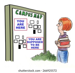 Cartoon Of Teenage Girl Looking At College Campus Map, She Is Lost.