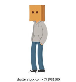 Cartoon teenager wearing paper bag hat his head  Anonymous character illustration 