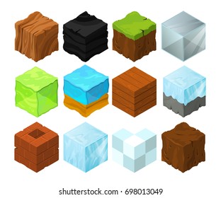 Cartoon Texture Illustration On Different Isometric Blocks For Game Design. Isometric Block Sea And Wood, Cubical Glass And Coal