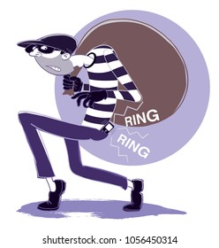 Cartoon Of A Thief With A 'swag Bag'. His Cell Phone Ringing Is His Pocket.