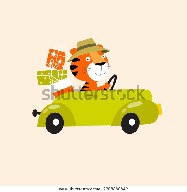 Cartoon tiger in the car. The tiger is carrying\
gifts. Delivery of\
gifts.