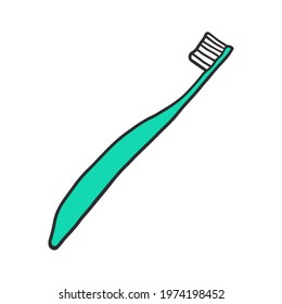 Cartoon Toothbrush. Single Cute Hand Drawn Illustration Isolated On White Background. Hygiene Item. Simple Kids Clipart For Bathroom Decor, Cards, Posters, Stickers And Patterns