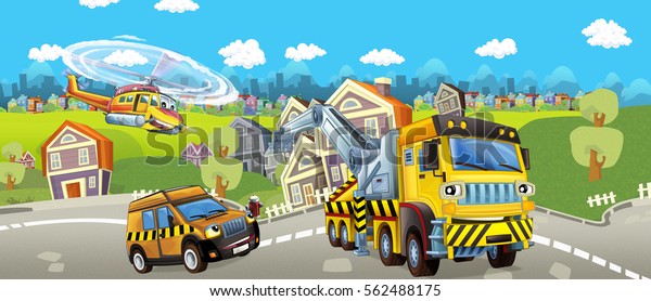 Cartoon tow truck pilot car and helicopter -\
illustration for\
children