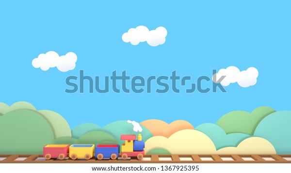 Cartoon toy train, green mountains\
paper art, white clouds and blue sky. 3d rendering\
picture.
