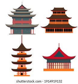 Cartoon Traditional Asian House Objects Set Pagoda Concept Element Flat Design Style. illustration of Oriental Home or Temple