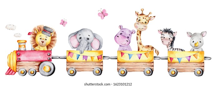 Cartoon train with lion driver and elephant, rhinoceros, giraffe, hippopotamus and zebra on waggons; watercolor hand draw illustration; with white isolated background