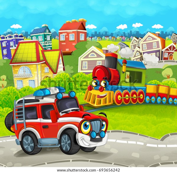 Cartoon train scene in the city and off road\
fireman truck- illustration for\
children