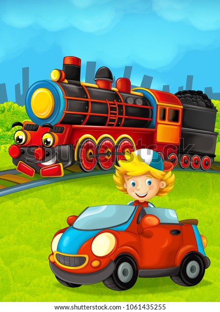 Cartoon train scene with happy kid / boy -
illustration for the
children