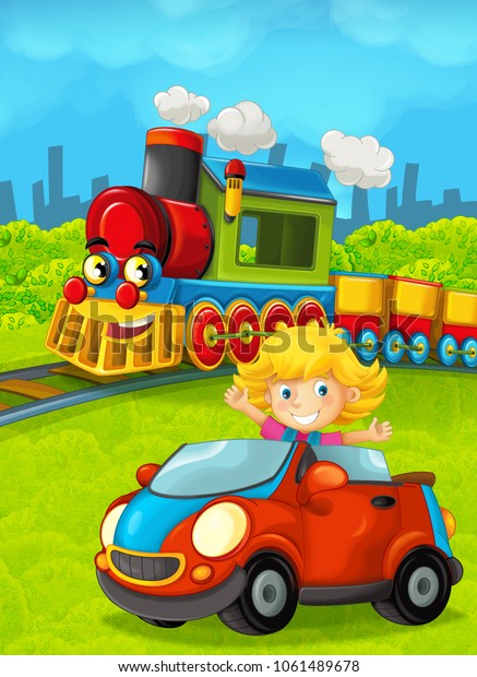 Cartoon train scene with happy kid / girl -\
illustration for the\
children