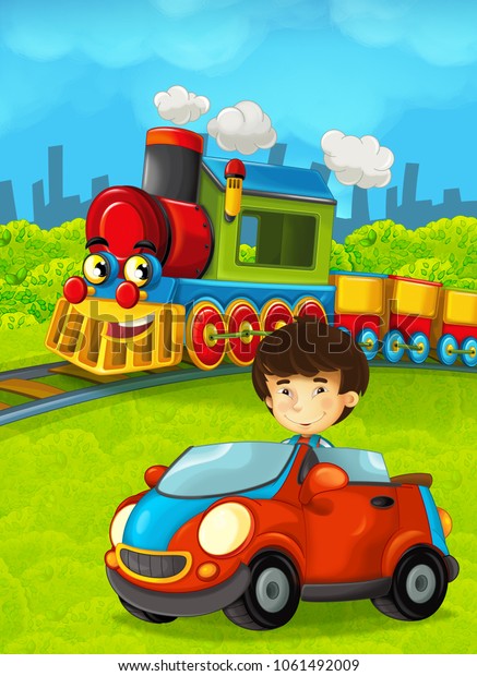 Cartoon train scene with happy kid / boy -
illustration for the
children