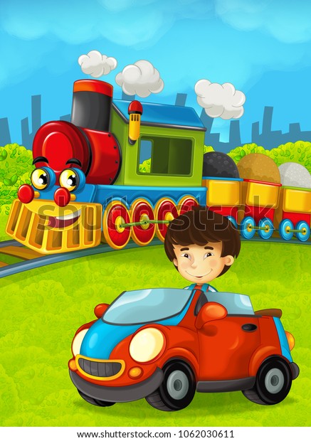 Cartoon train scene with happy kid / boy -\
illustration for the\
children