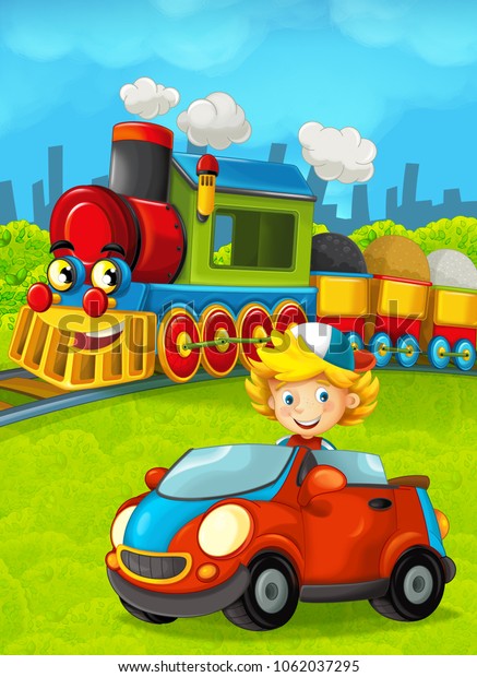 Cartoon train scene with happy kid / girl -\
illustration for the\
children